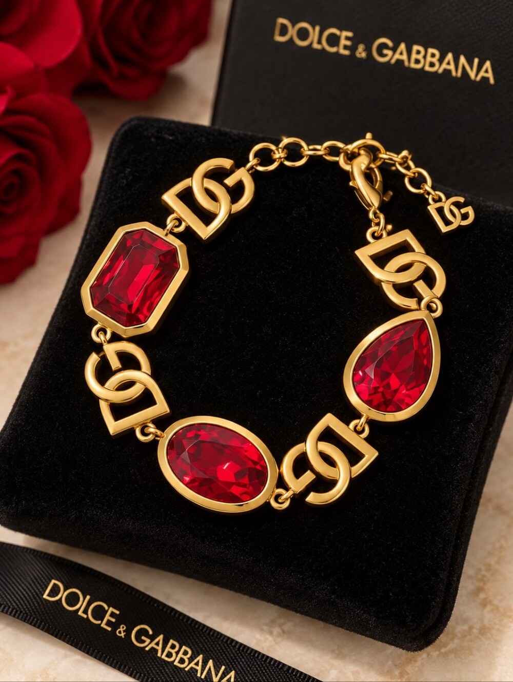 D&G Gold-Tone Bracelet with Red Gemstone Links